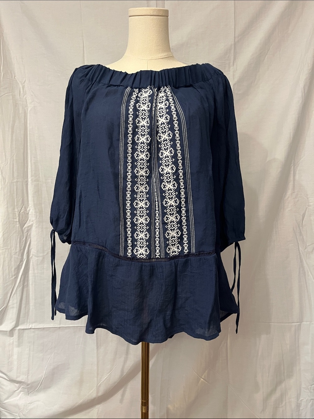 Navy Peasant Blouse with White Embroidery